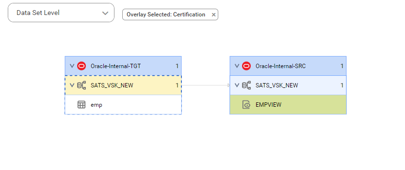 The data set level lineage diagram starts at emp source table and shows how the data flows to the target EMPVIEW view after connection assignment.
