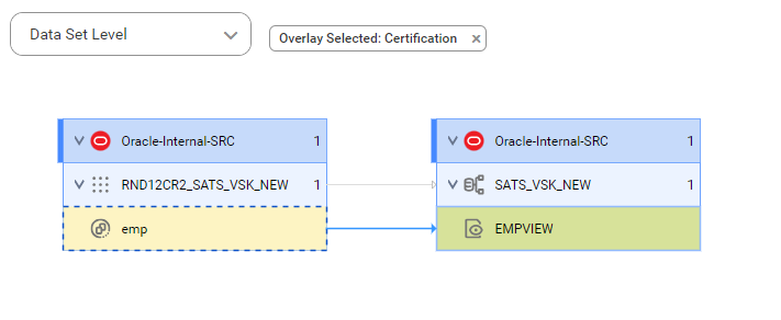 The data set level lineage diagram starts at emp source table and shows how the data flows to the target EMPVIEW view before connection assignment.