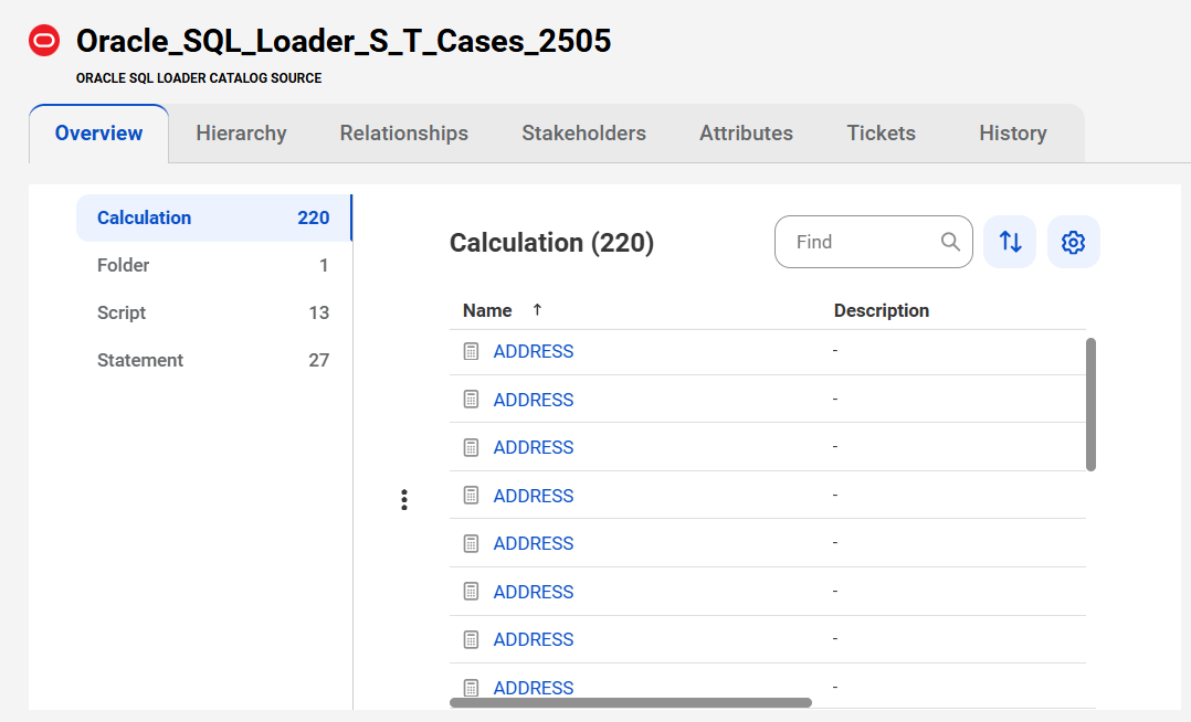 A sample Oracle SQL Loader asset page with tabs that allow you to view the asset.