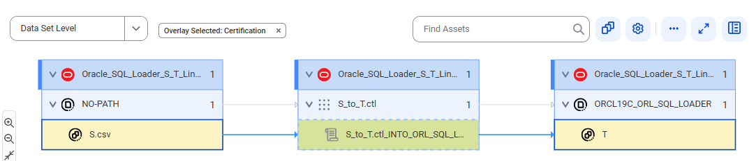 The data set level lineage diagram starts at the S.csv reference data set and shows how the data flows to the target T reference data set before connection assignment.