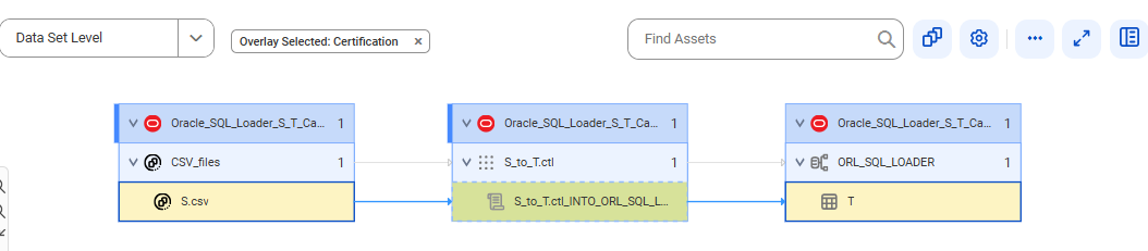 The data set level lineage diagram starts at the S.csv source and shows how data flows to the T target after connection assignment.