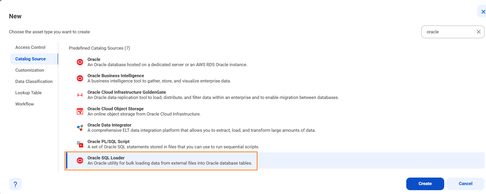 The image shows the list of catalog sources with the Oracle SQL Loader catalog source selected and an option to create a new catalog source.