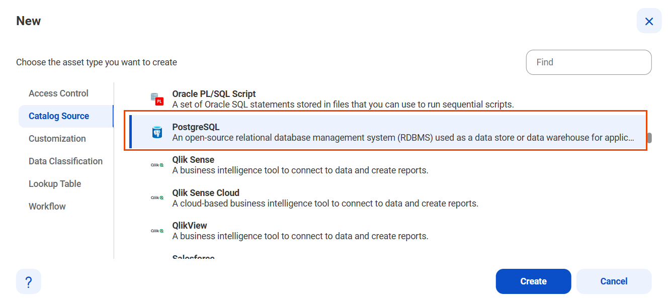 The image shows the list of catalog sources with the PostgreSQL catalog source selected and an option to create a new catalog source.