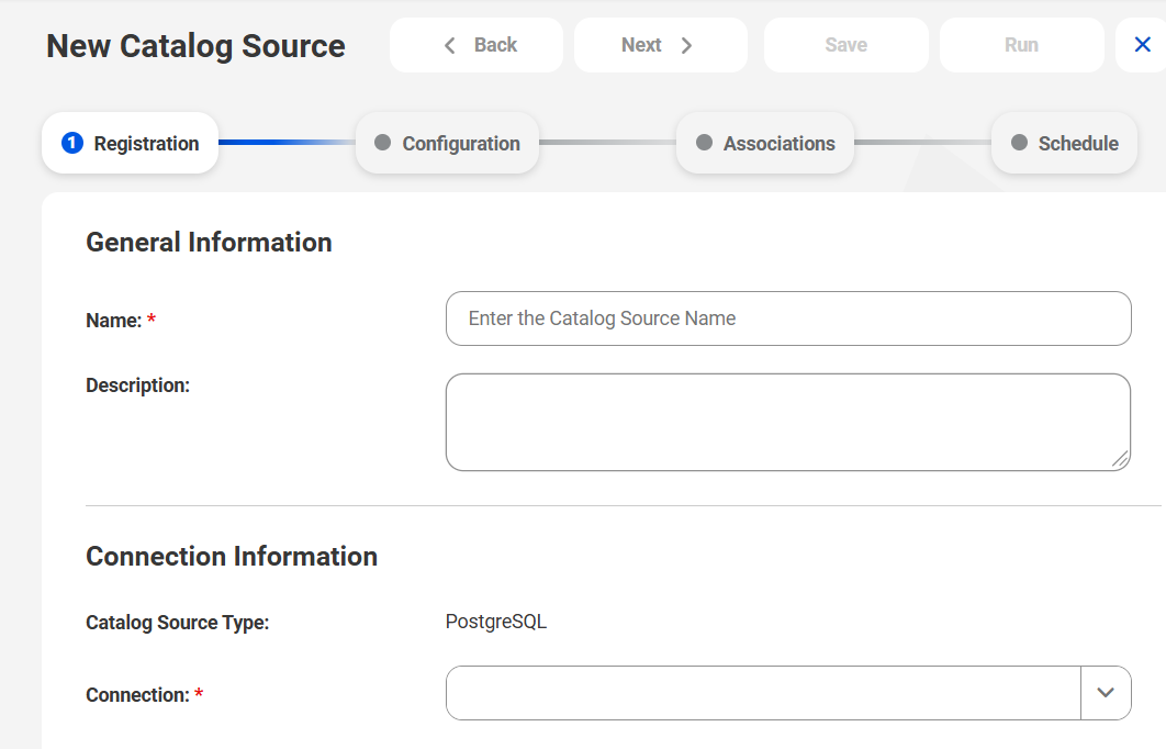 The image shows the New Catalog Source page with the PostgreSQL catalog source type selected.