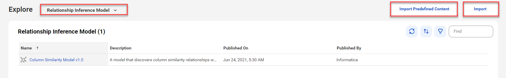 The Explore page with the Relationship Inference Model menu has options to import predefined content and import relationship models from your local machine.