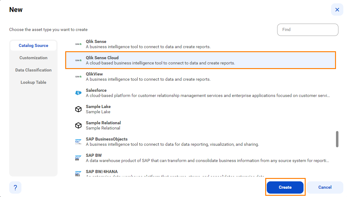 The list of catalog sources with the Qlik Sense Cloud catalog source selected and an option to create a new catalog source.