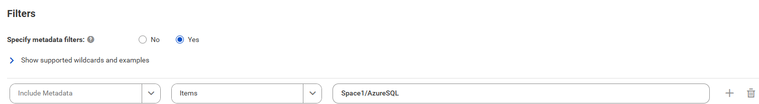 The image shows the filter conditions for a Qlik Sense Cloud catalog source that includes metadata from Qlik Sense Cloud items.