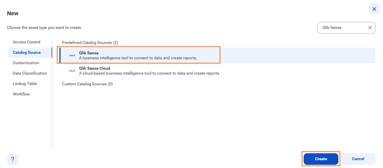 The image shows the list of catalog sources with the Qlik Sense catalog source selected and an option to create a new catalog source.
