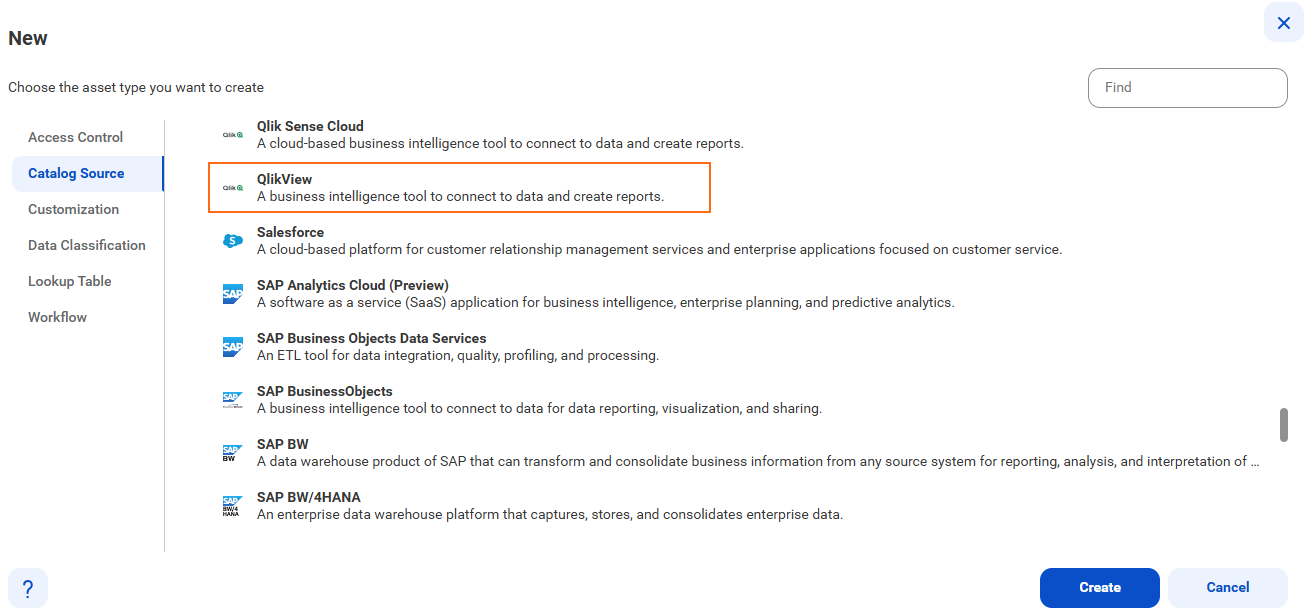 The image shows the list of catalog sources with the QlikView catalog source selected and an option to create a new catalog source.