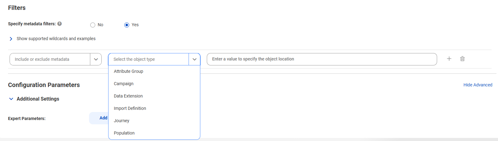 The filters contain options to include or exclude metadata based on specific object types.