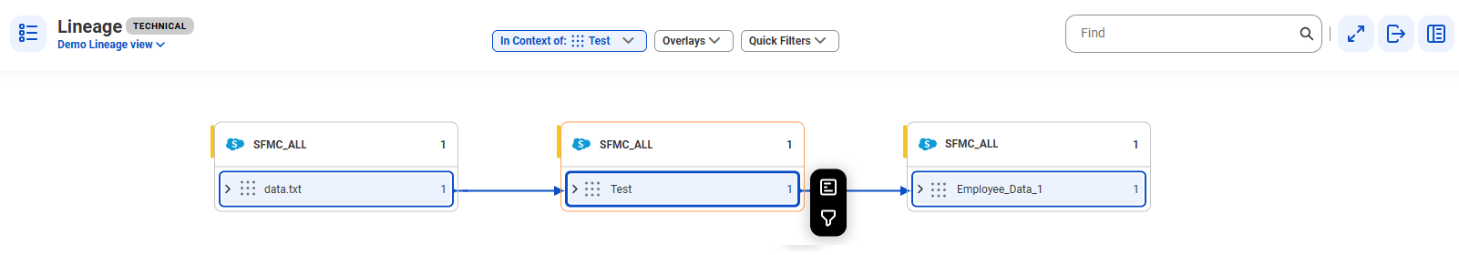 The data set level lineage diagram starts at the data.txt data set and shows how the data flows to the target Employee_Data_1 data set after connection assignment.