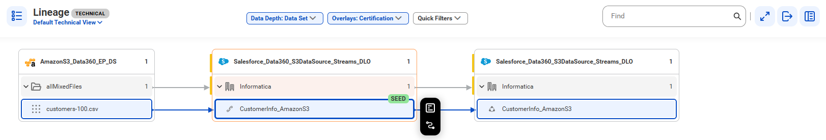 The data set level lineage diagram starts at the customers-100.csv data set and shows how the data flows to the target CustomerInfo_AmazonS3 data set after connection assignment.