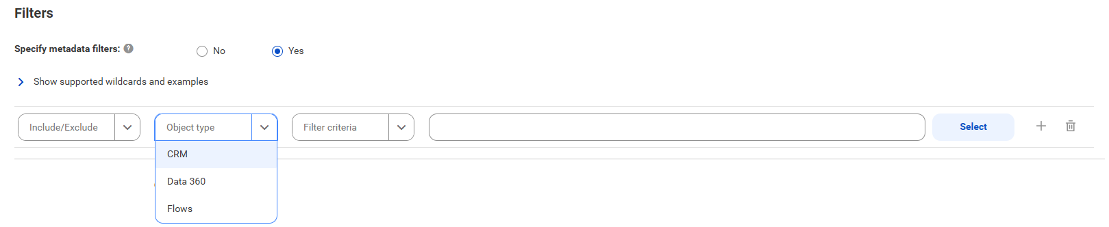 The image shows the filter conditions for a Salesforce catalog source.