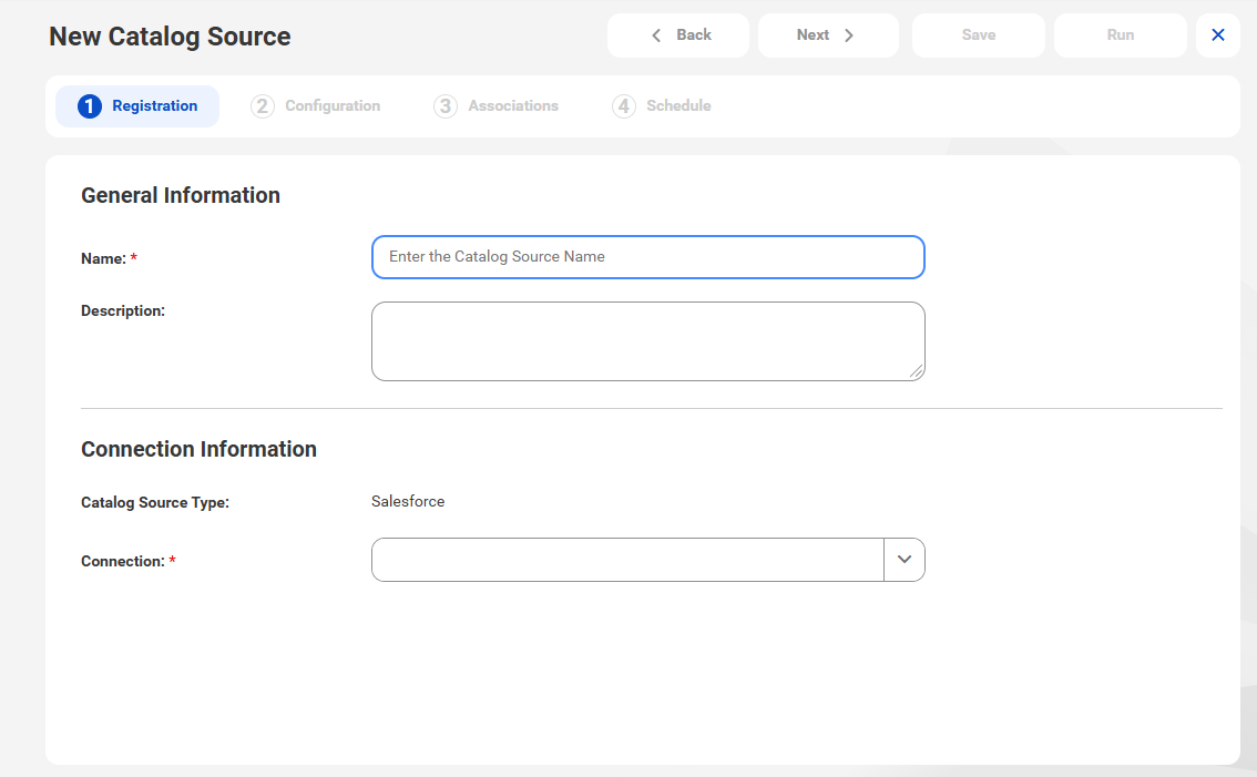The image shows the New Catalog Source page with the Salesforce catalog source type selected.