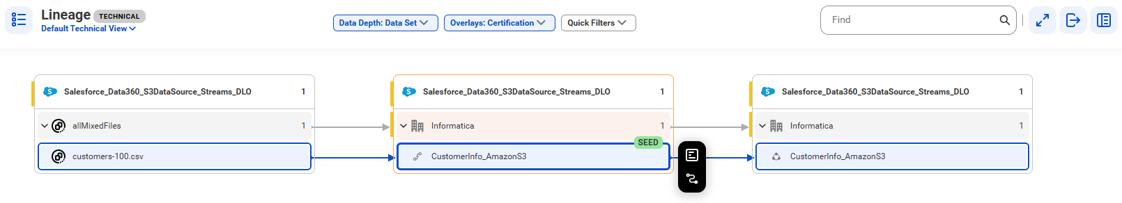 The data set level lineage diagram starts at the customers-100.csv reference data set and shows how the data flows to the target CustomerInfo_AmazonS3 reference data set before connection assignment.
