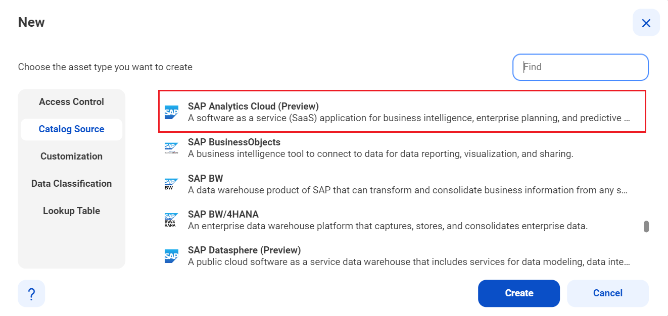 The image shows the SAP Analytics Cloud catalog source type on the New Catalog Source page.