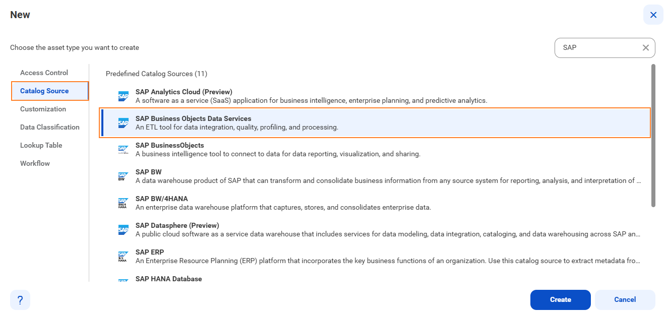 The image shows the list of catalog sources with the SAP BusinessObjects Data Services catalog source type selected and an option to create a new catalog source.