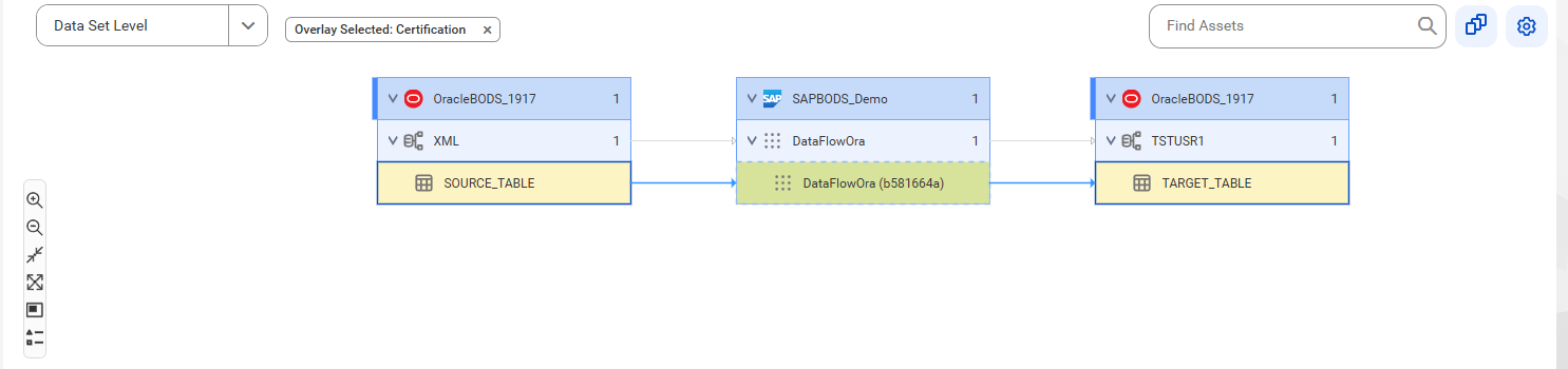 The data set level lineage diagram starts at the SOURCE_TABLE source table and shows how the data flows to the target TARGET_TABLE table after connection assignment.