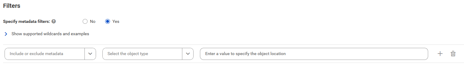 The image shows the Filters area for the SAP BusinessObjects Data Services catalog source. You can choose to include or exclude metadata and enter a value to specify the object location.