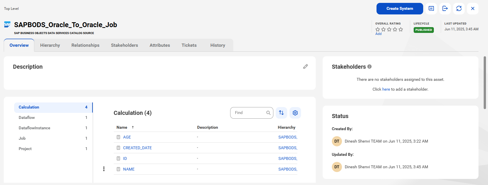 The image shows a sample SAP BusinessObjects Data Services asset page with tabs that allow you to view the asset.