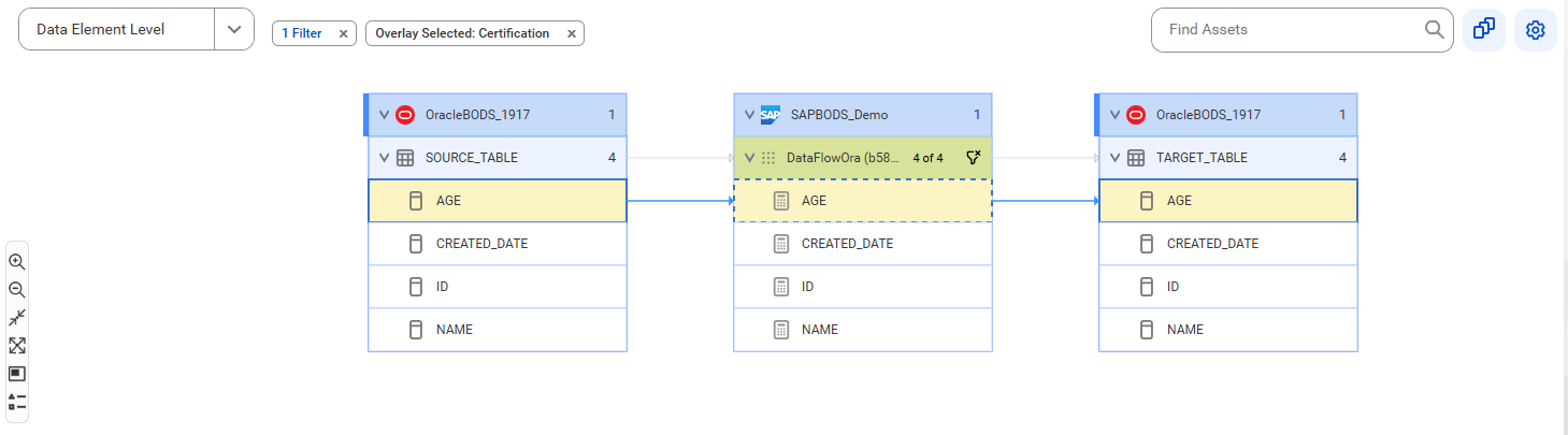 The data element level lineage diagram starts at the AGE column of the SOURCE_TABLE table and provides output to the AGE column of the TARGET_TABLE table using the AGE calculation after connection assignment.