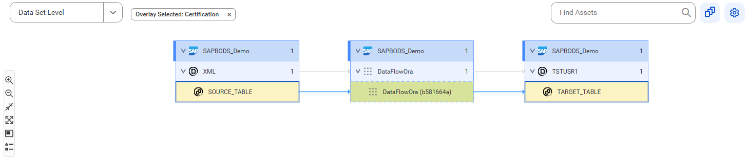 The data set level lineage diagram starts at the SOURCE_TABLE reference data set and shows how the data flows to the target TARGET_TABLE reference data set before connection assignment.