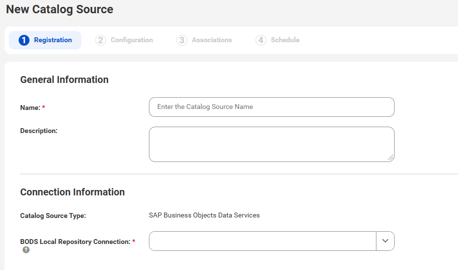 The image shows the New Catalog Source page with the SAP BusinessObjects Data Services catalog source type selected.