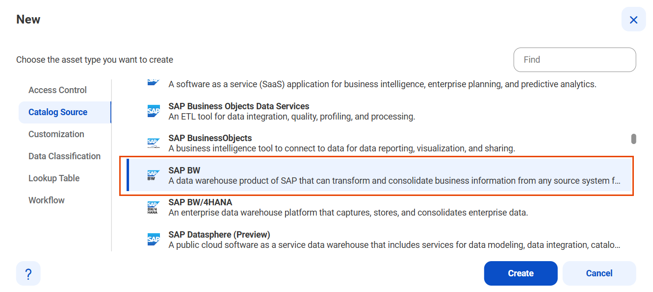 A list of catalog sources with the SAP BW catalog source selected and an option to create a new catalog source.