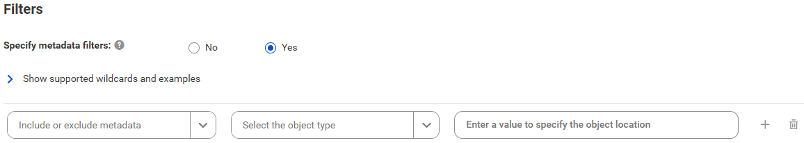 The filters contain options to include or exclude metadata based on specific object types.