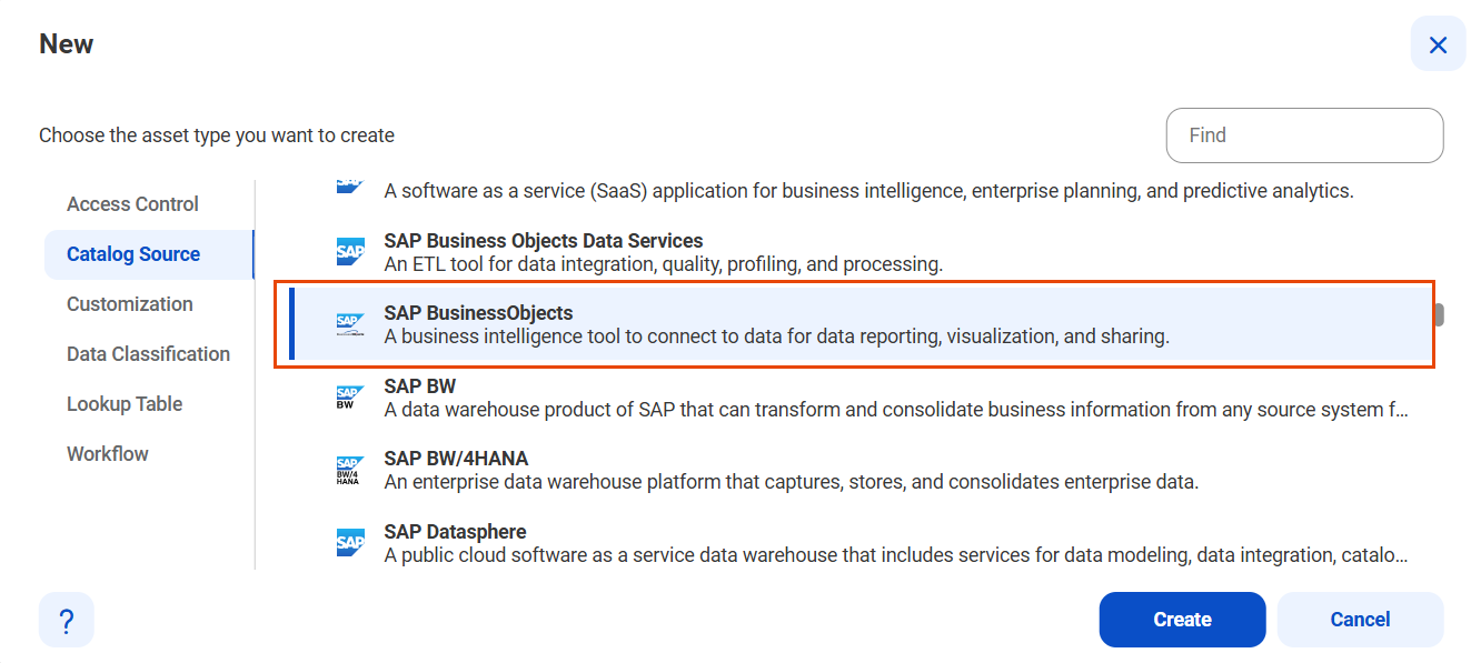 The image shows the list of catalog sources with the SAP BusinessObjects catalog source selected and an option to create a new catalog source.