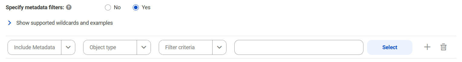 The image shows the Filters area for the SAP BusinessObjects catalog source. You can choose to include metadata and enter values to specify the object location.