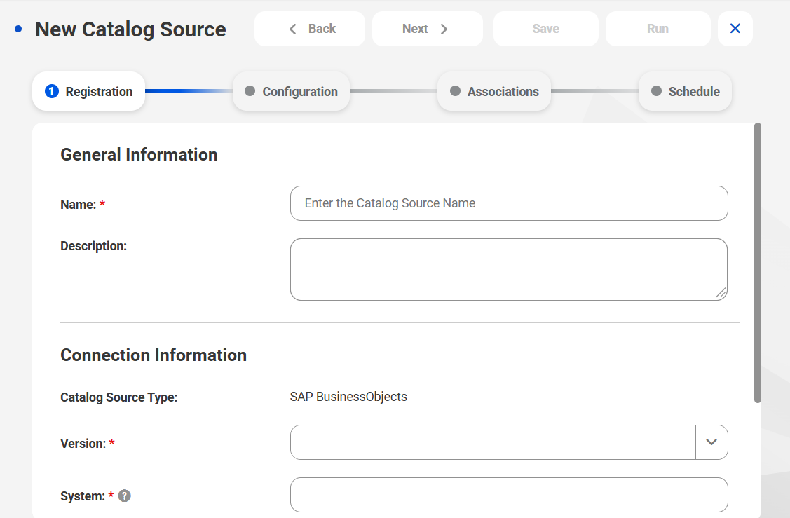 The image shows the New Catalog Source page with the SAP BusinessObjects catalog source type selected.