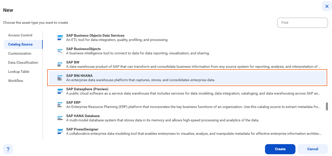 The image shows the list of catalog sources with the SAP BW/4HANA catalog source selected and an option to create a new catalog source.