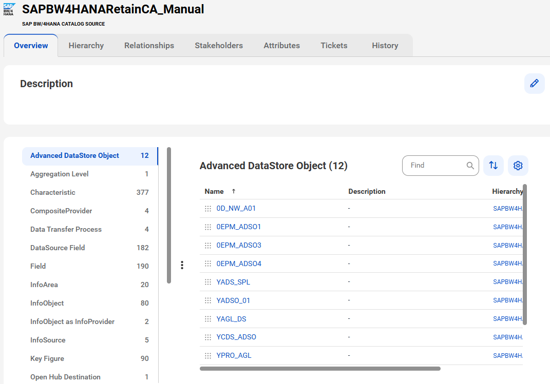 A sample SAP BW/4HANA asset page with tabs that allow you to view the asset.