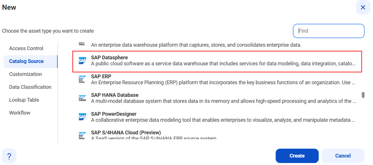 The image shows the SAP Datasphere catalog source type on the New Catalog Source page