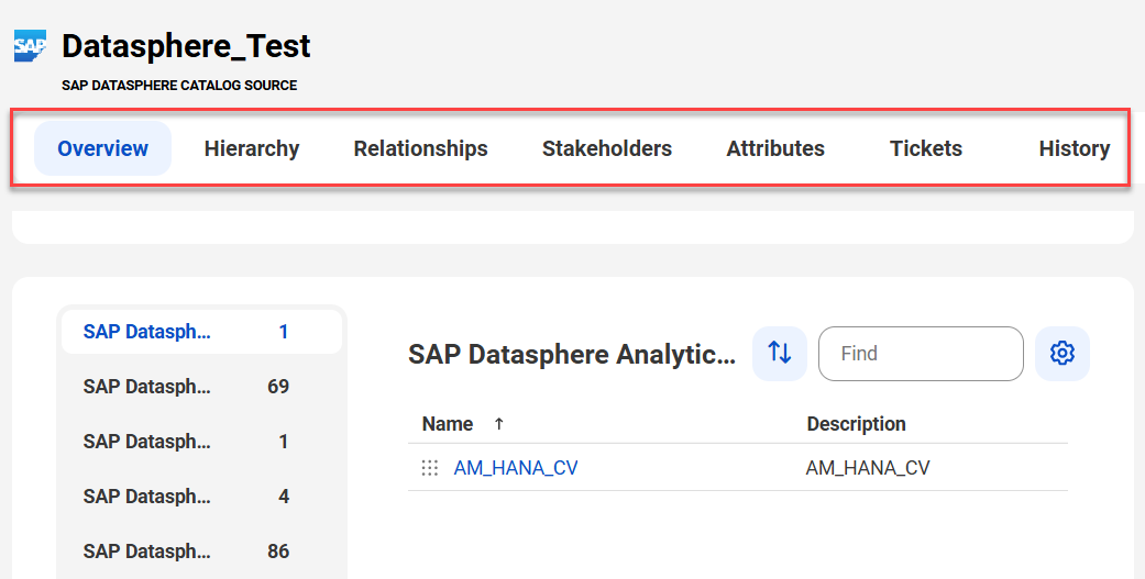 The image shows a sample SAP Datasphere asset page with tabs that allow you to view the asset.