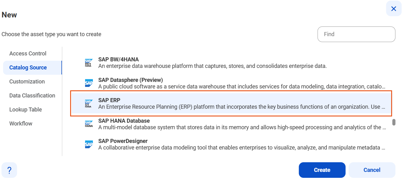 The image shows the list of catalog sources with the SAP ERP catalog source selected and an option to create a new catalog source.