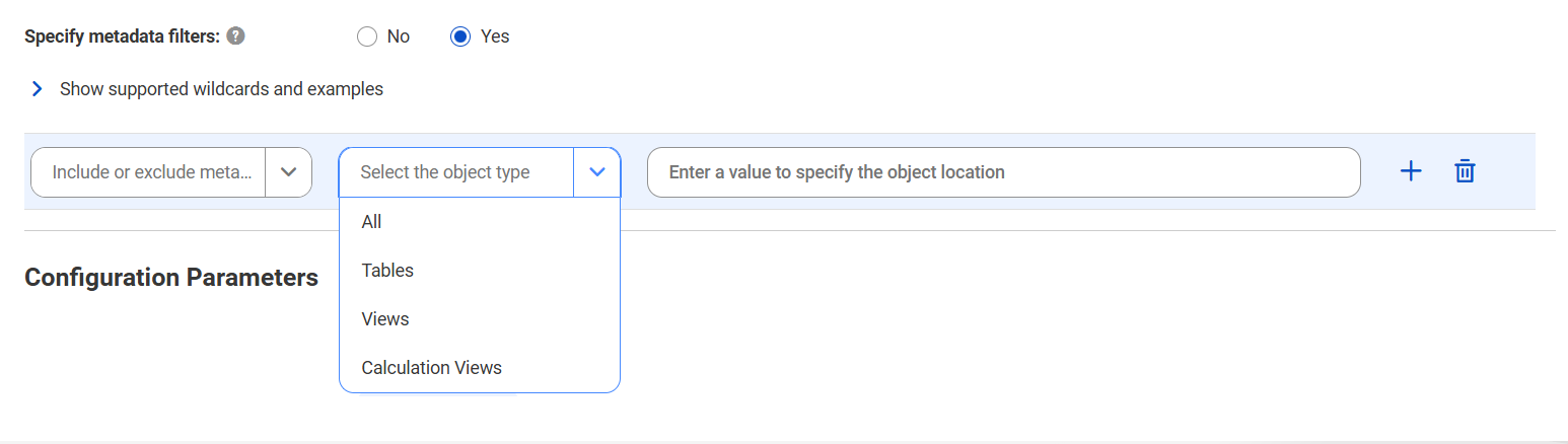 The image shows the filter conditions for the SAP HANA Database catalog source.