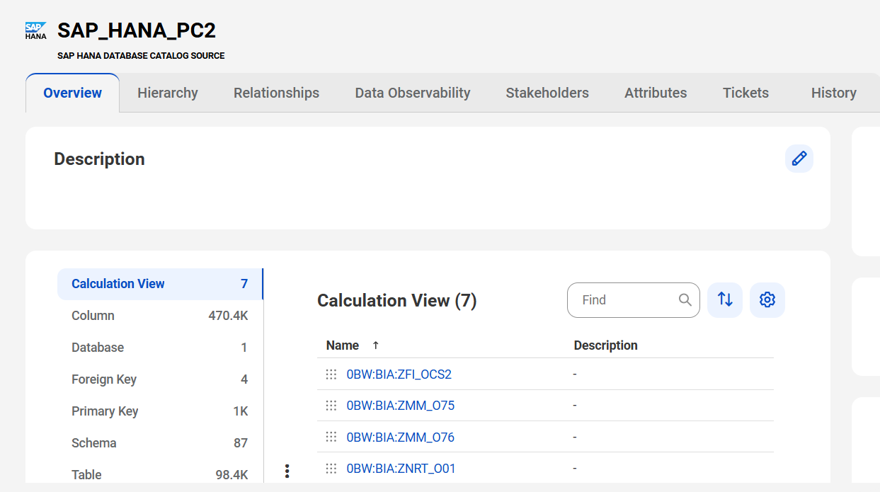 The image shows a sample SAP HANA Database asset page with tabs that allow you to view the asset.
