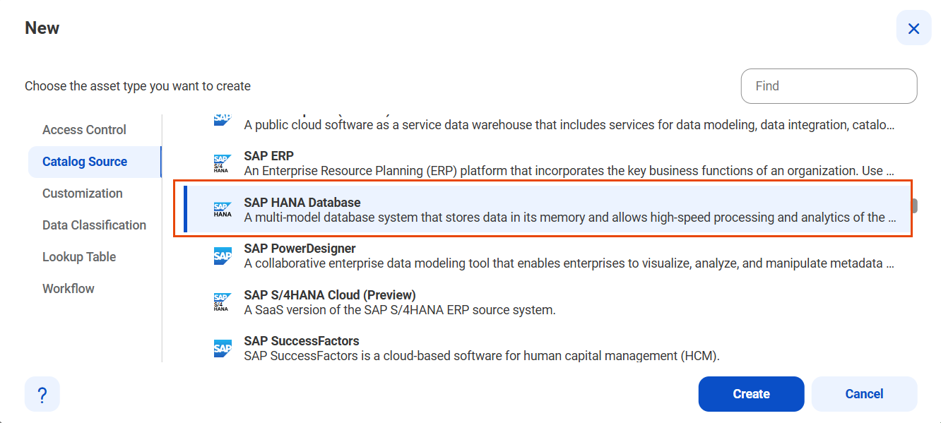 The image shows the list of catalog sources with the SAP HANA Database catalog source selected and an option to create a new catalog source.