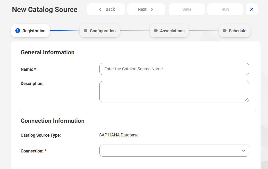 The image shows the New Catalog Source page with the SAP HANA Database catalog source type selected.