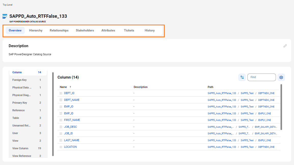The image shows a sample SAP PowerDesigner asset page with tabs that allow you to view the asset.