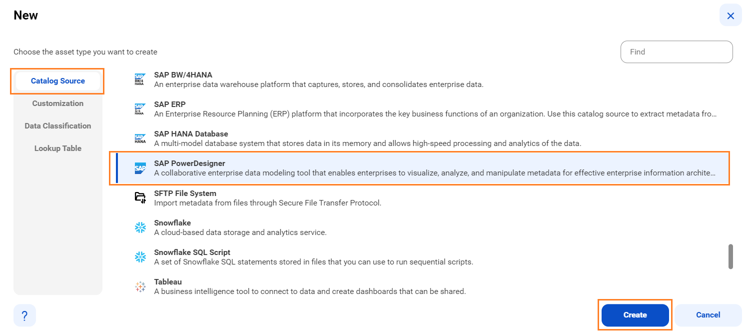 The image shows the list of catalog sources with the SAP PowerDesigner catalog source selected and an option to create a new catalog source.