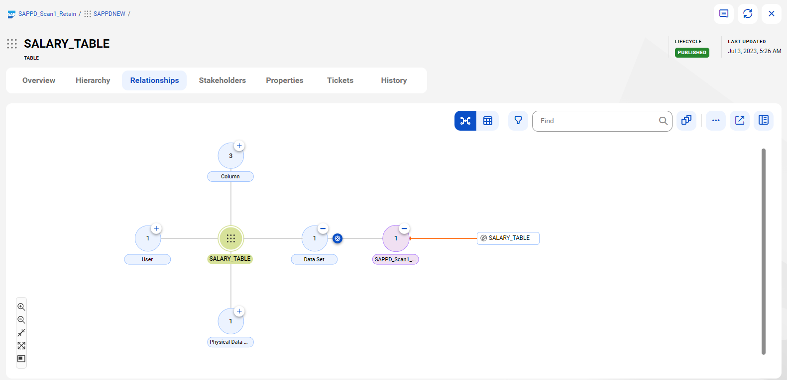 The data set level relationship diagram shows the relationship between the SALARY_TABLE table and the reference table before connection assignment.