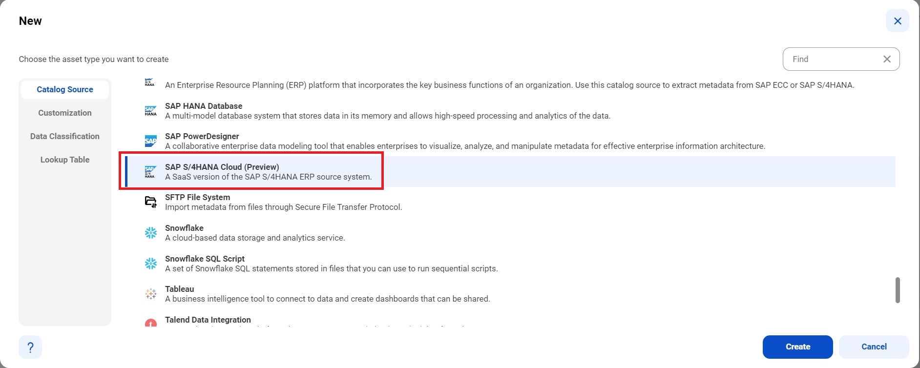 The image shows the SAP S/4HANA Cloud catalog source on the New Catalog Source page.