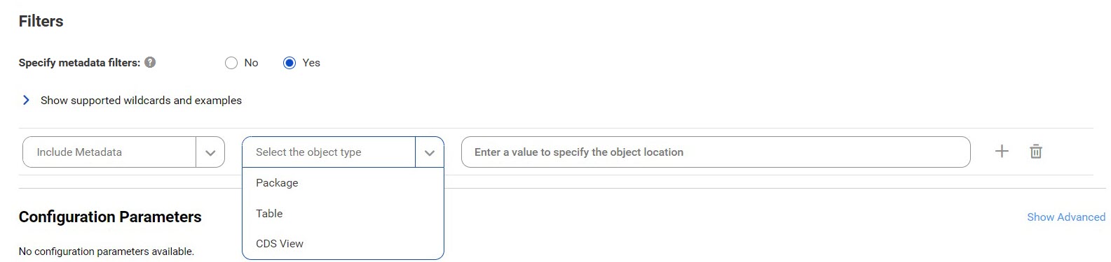 The image shows the filter properties for the catalog source. You can filter objects based on package, table, or view name. Enter a name to specify the object.