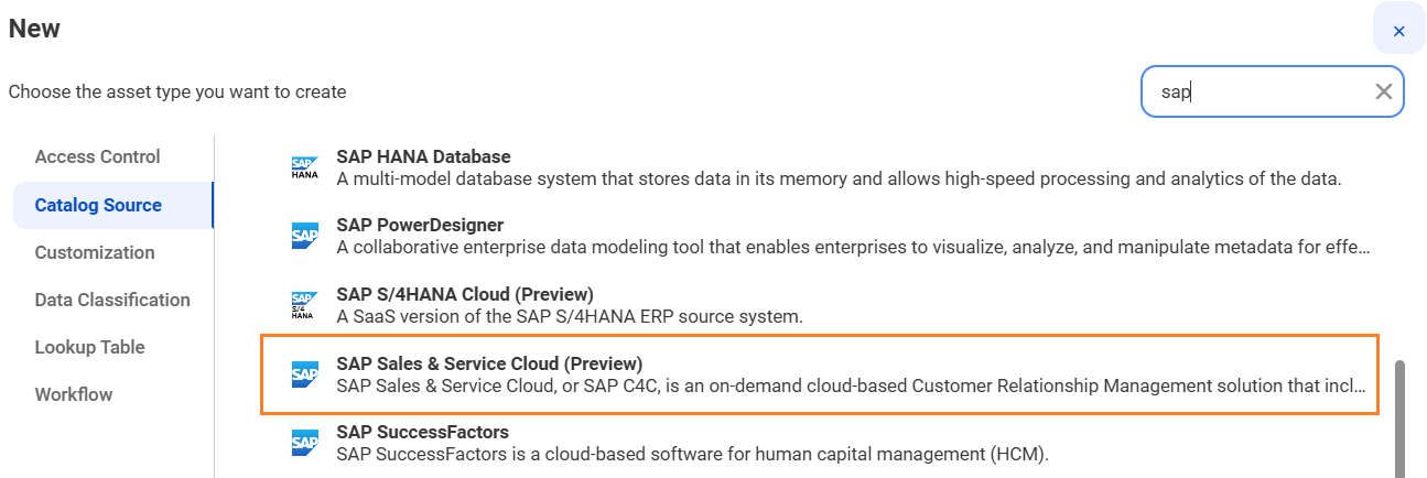 The image shows the SAP Sales & Service Cloud catalog source type on the New Catalog Source page