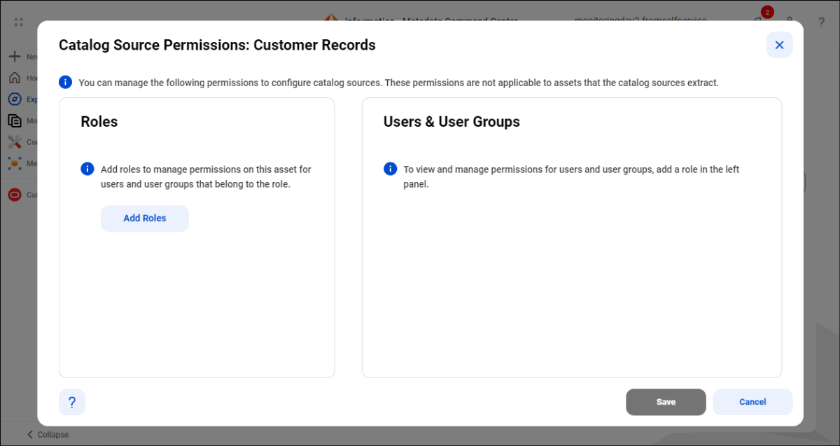 The catalog source Permissions dialog box