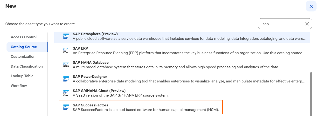The image shows the SAP SuccessFactors catalog source type on the New Catalog Source page