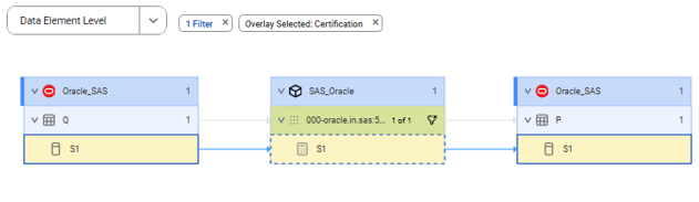 The data element level lineage diagram starts at the Q source table and shows how the data flows to the target P table.